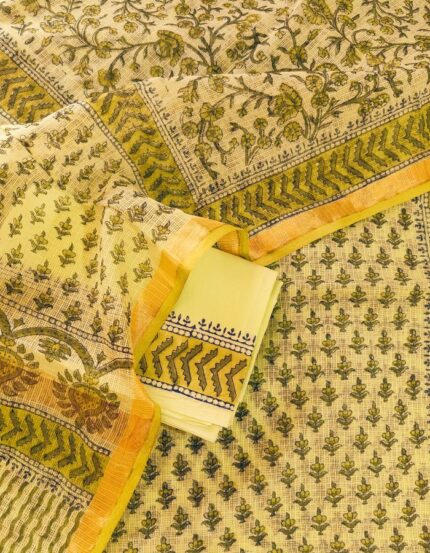 Kota Doria 3PC Block Print Suit(Bordered Lower)