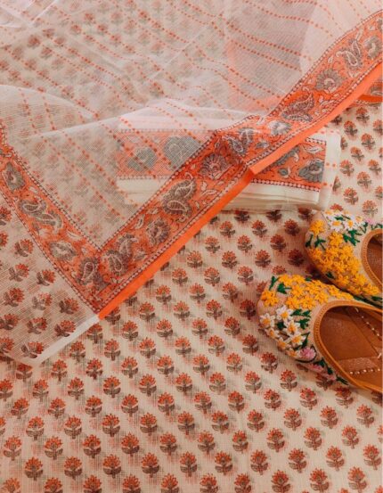 Kota Doria 3 piece suit with Block Print