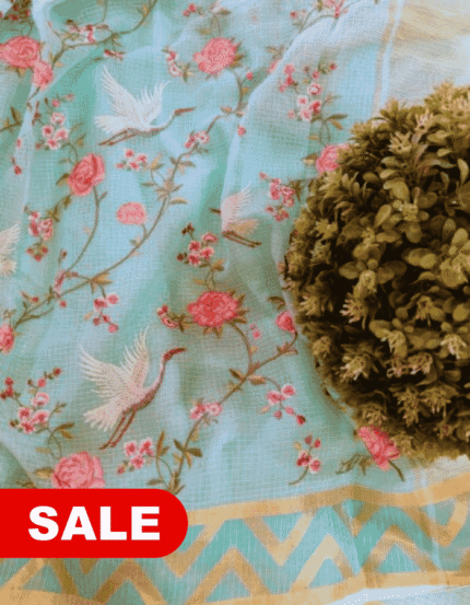 Kota Doria Embroidered Saree with Temple Zari Border