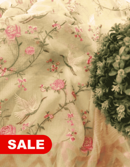Kota Doria Embroidered Saree with Temple Zari Border